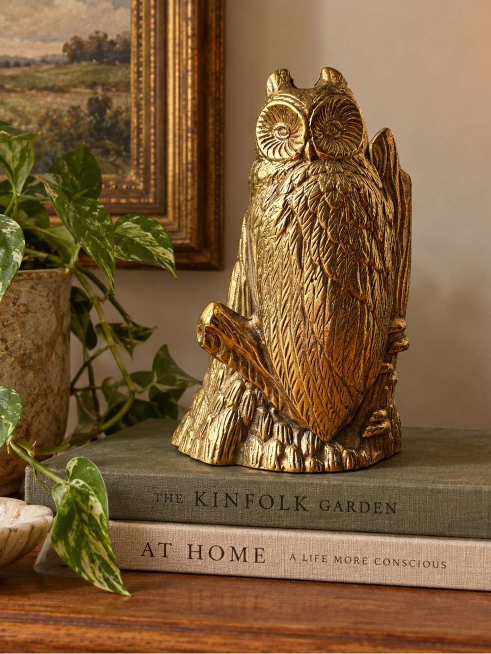 Vintage Solid Brass Owl Sculpture – Unique Garden Decor